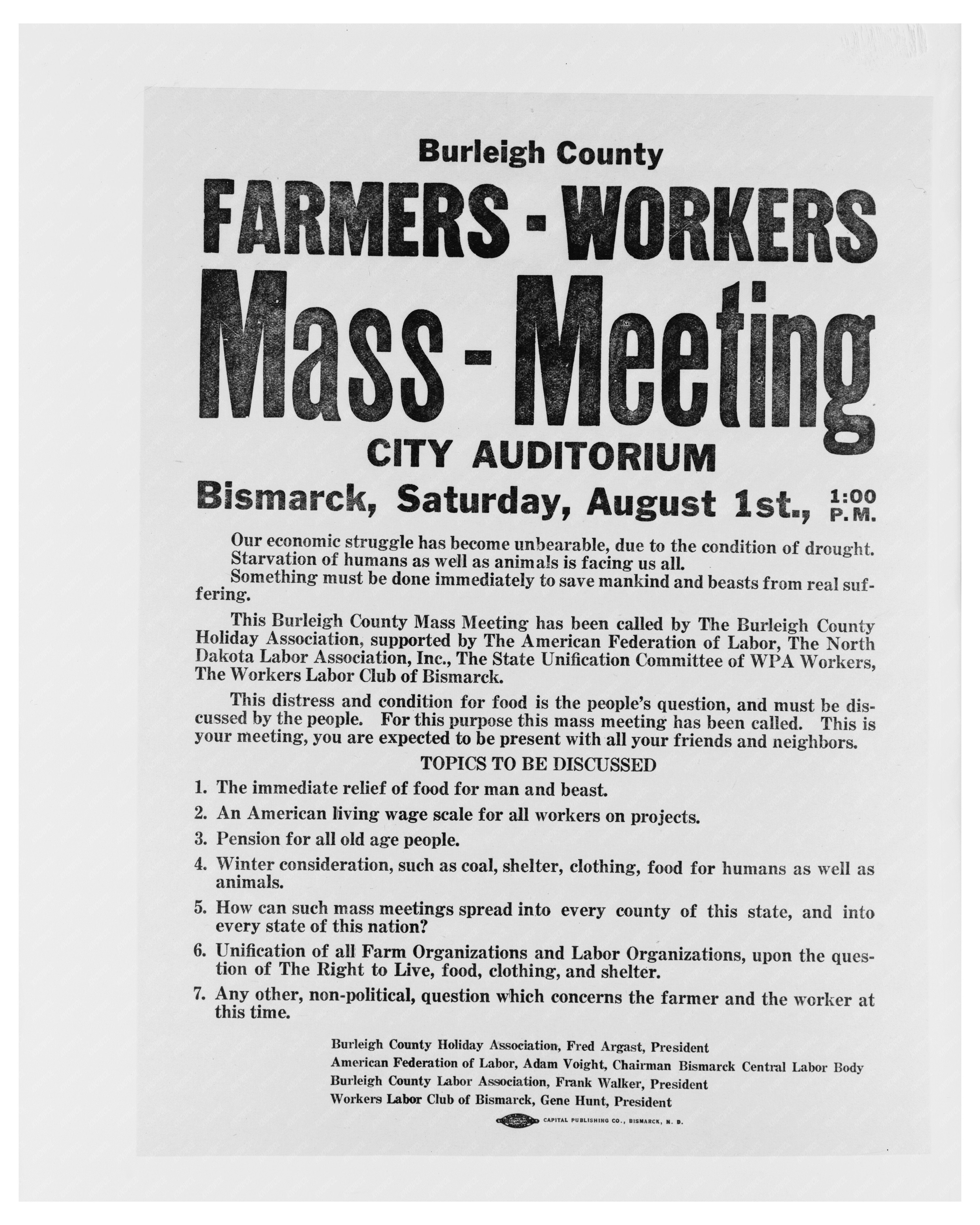 Burleigh County Drought Meeting Poster August 1937