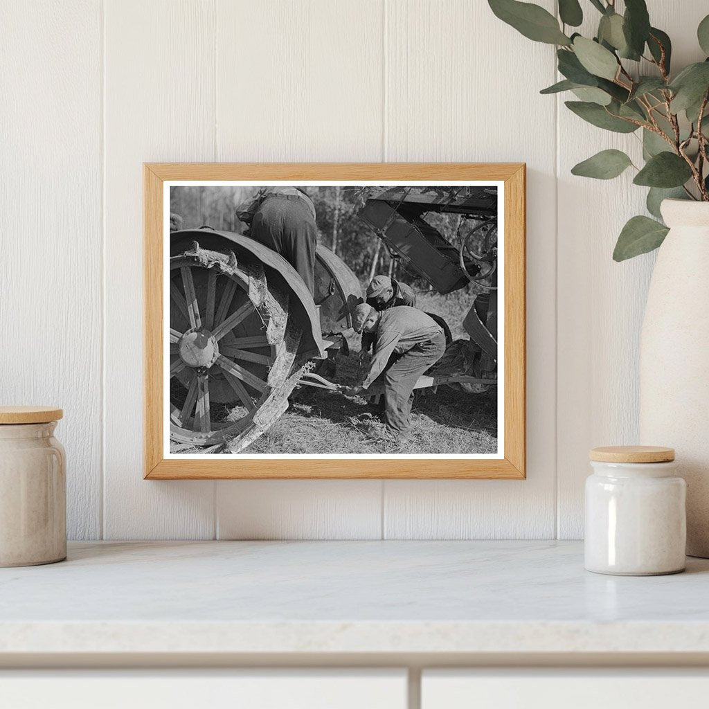 Men Hooking Threshing Machine to Tractor in 1937 Minnesota