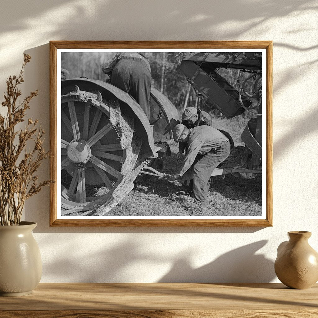 Men Hooking Threshing Machine to Tractor in 1937 Minnesota