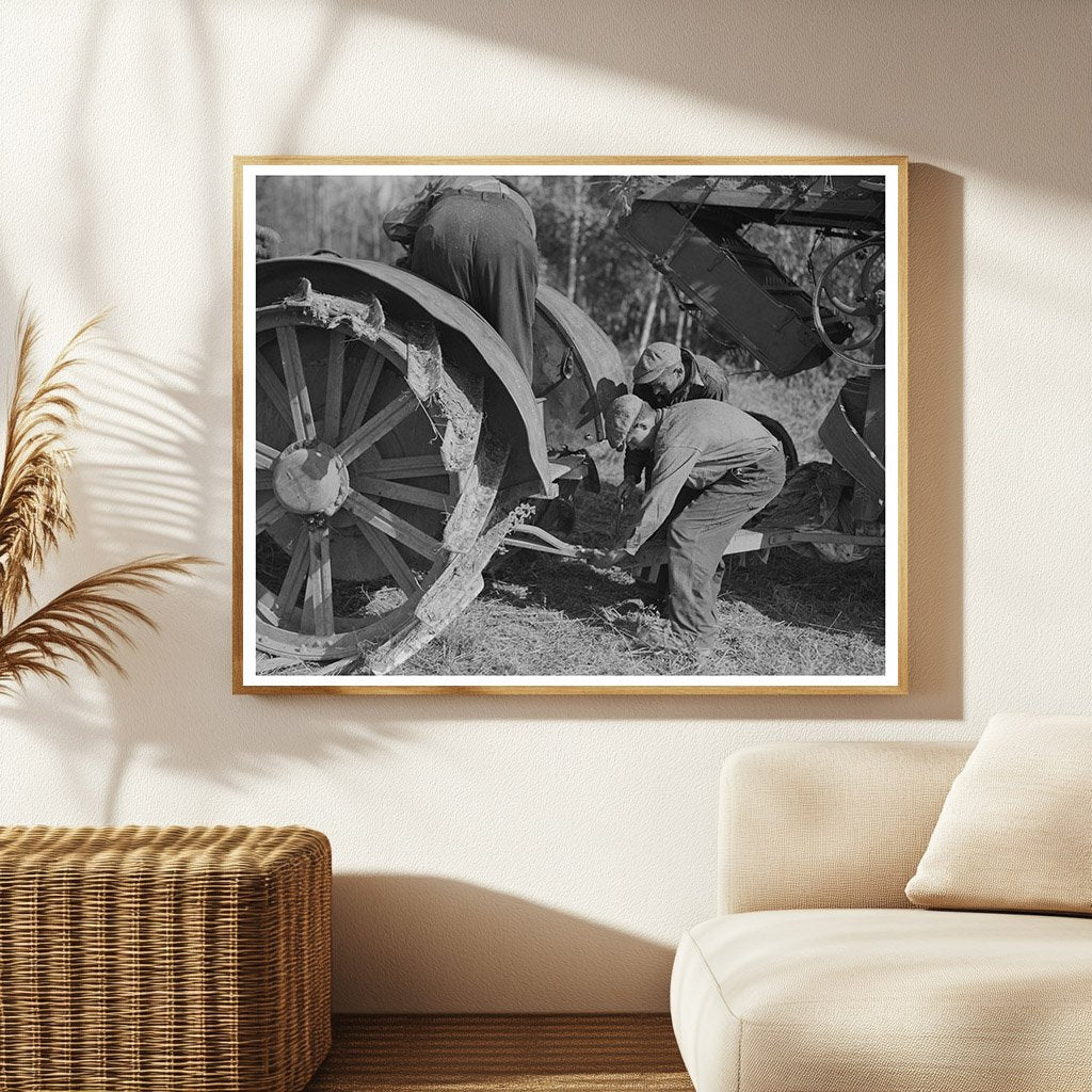 Men Hooking Threshing Machine to Tractor in 1937 Minnesota