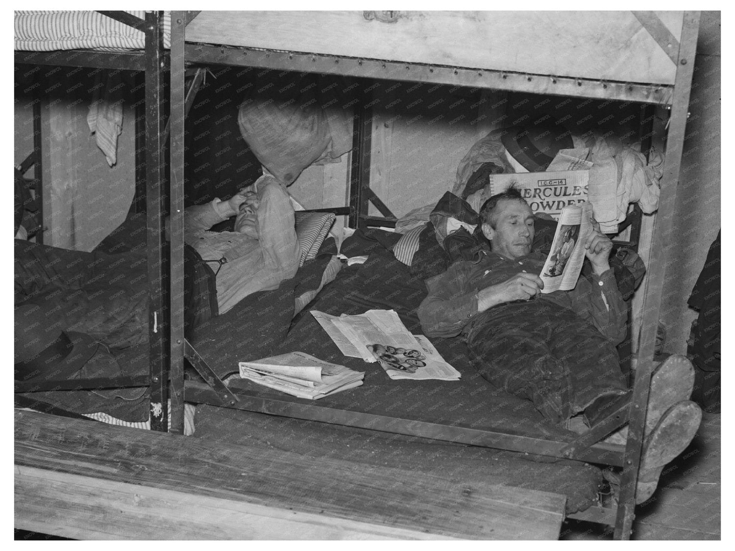 Lumberjacks Rest in Bunkhouse Effie Minnesota 1937