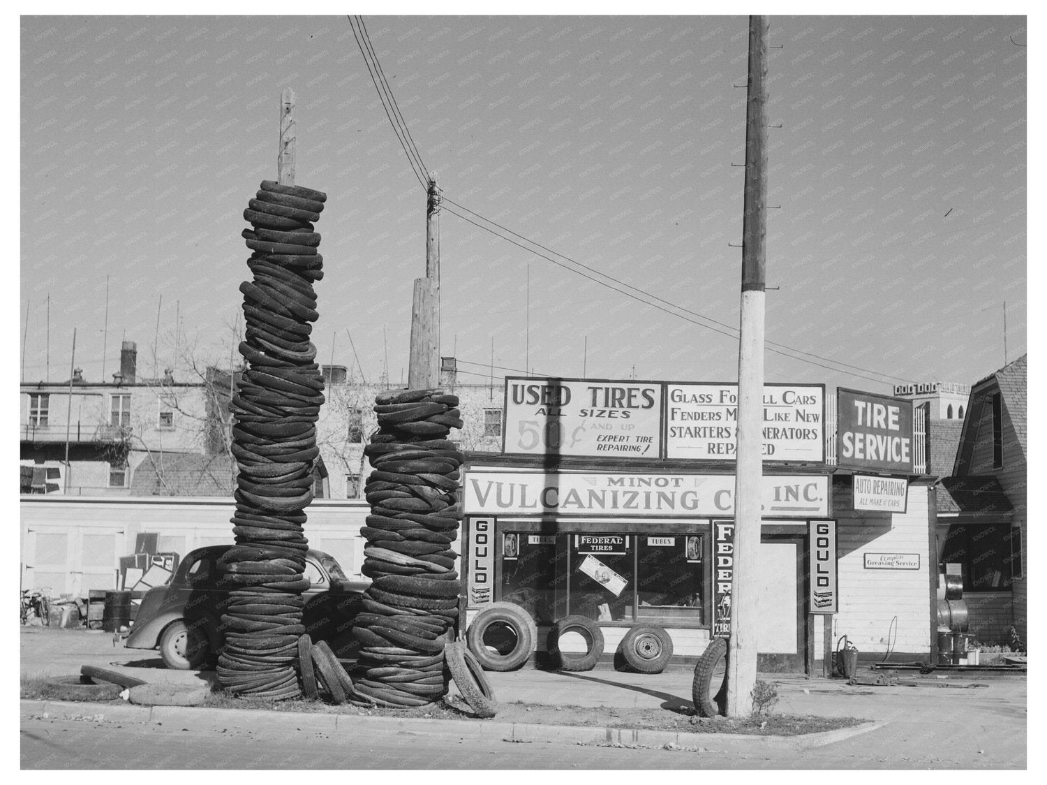 Vintage Roadside Scene with Used Tires Minot North Dakota 1937