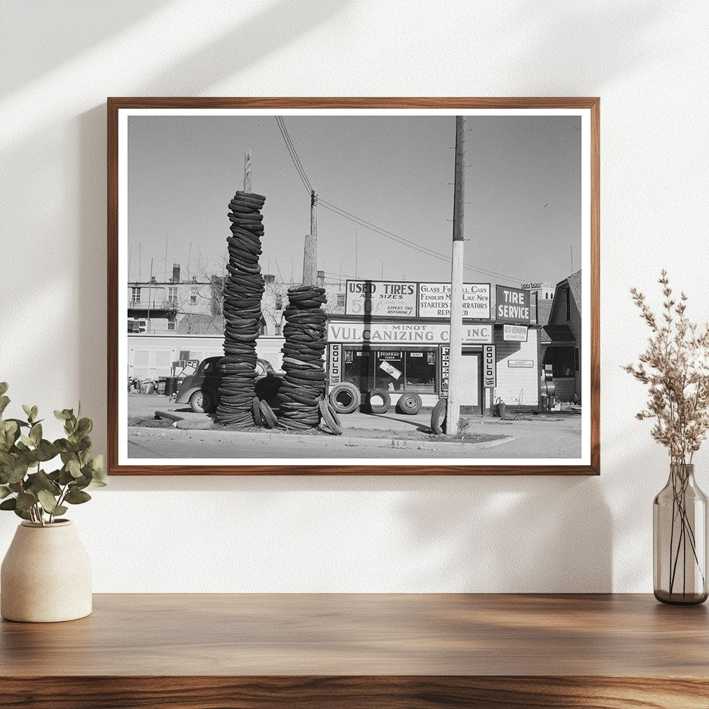Vintage Roadside Scene with Used Tires Minot North Dakota 1937