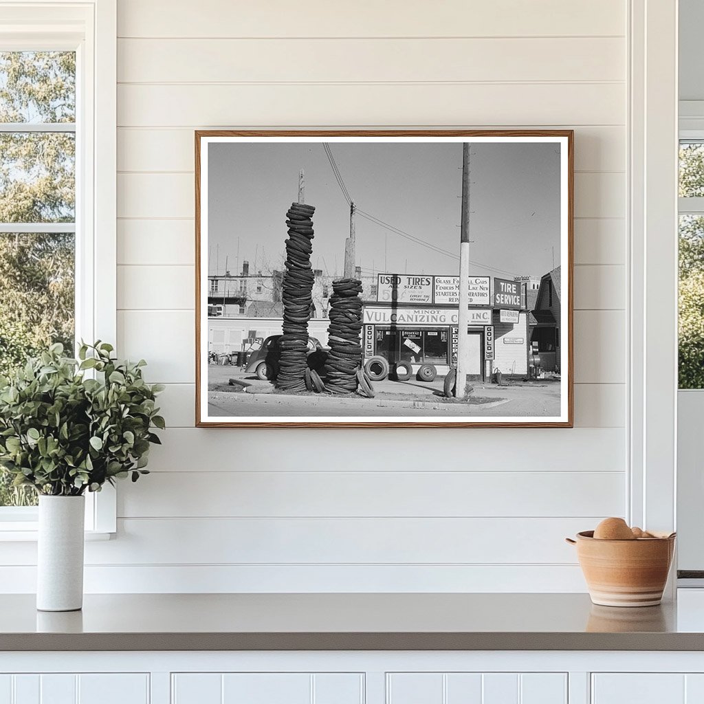 Vintage Roadside Scene with Used Tires Minot North Dakota 1937