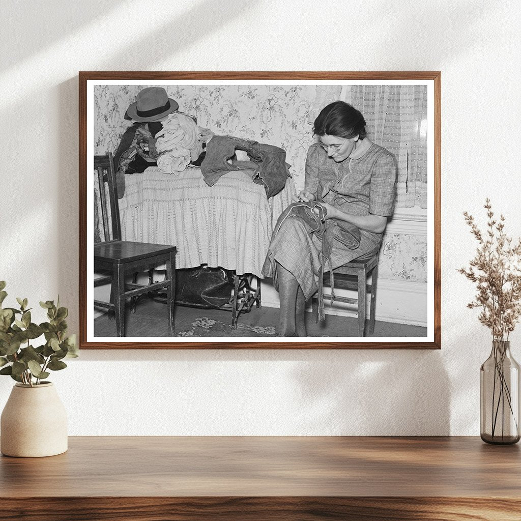 Mrs. Gallagher Patching Clothes in Crosby North Dakota 1937