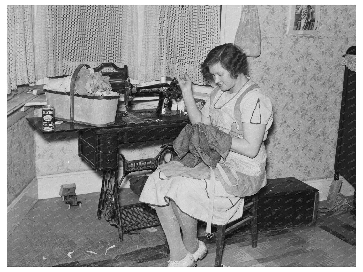 Mrs. Carl Thorson Patching Clothes Crosby North Dakota 1937