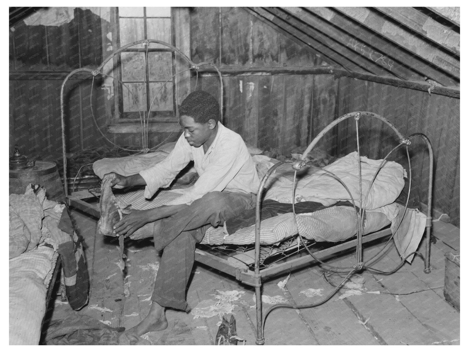 Vintage 1938 Photo of Boy in Attic of Sharecropper Shack