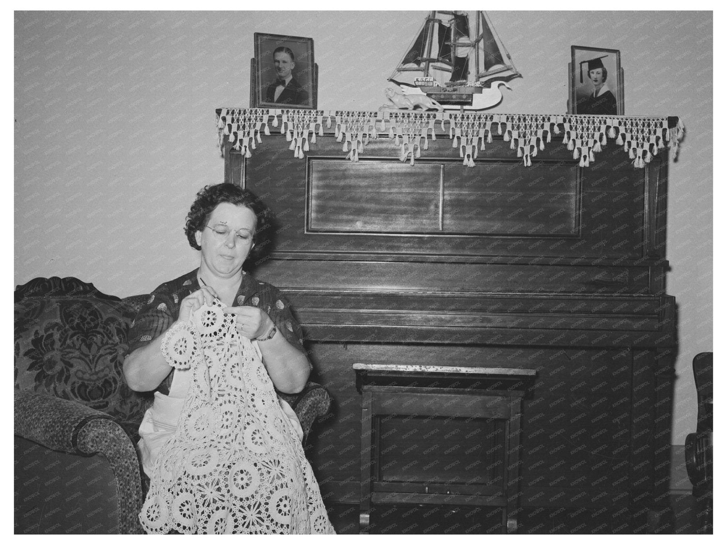Joseph La Blancs Wife Crocheting in Louisiana 1938