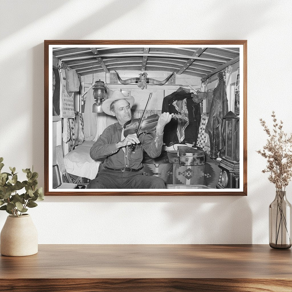Mr. Bias Playing Fiddle in Trailer Home Texas 1939