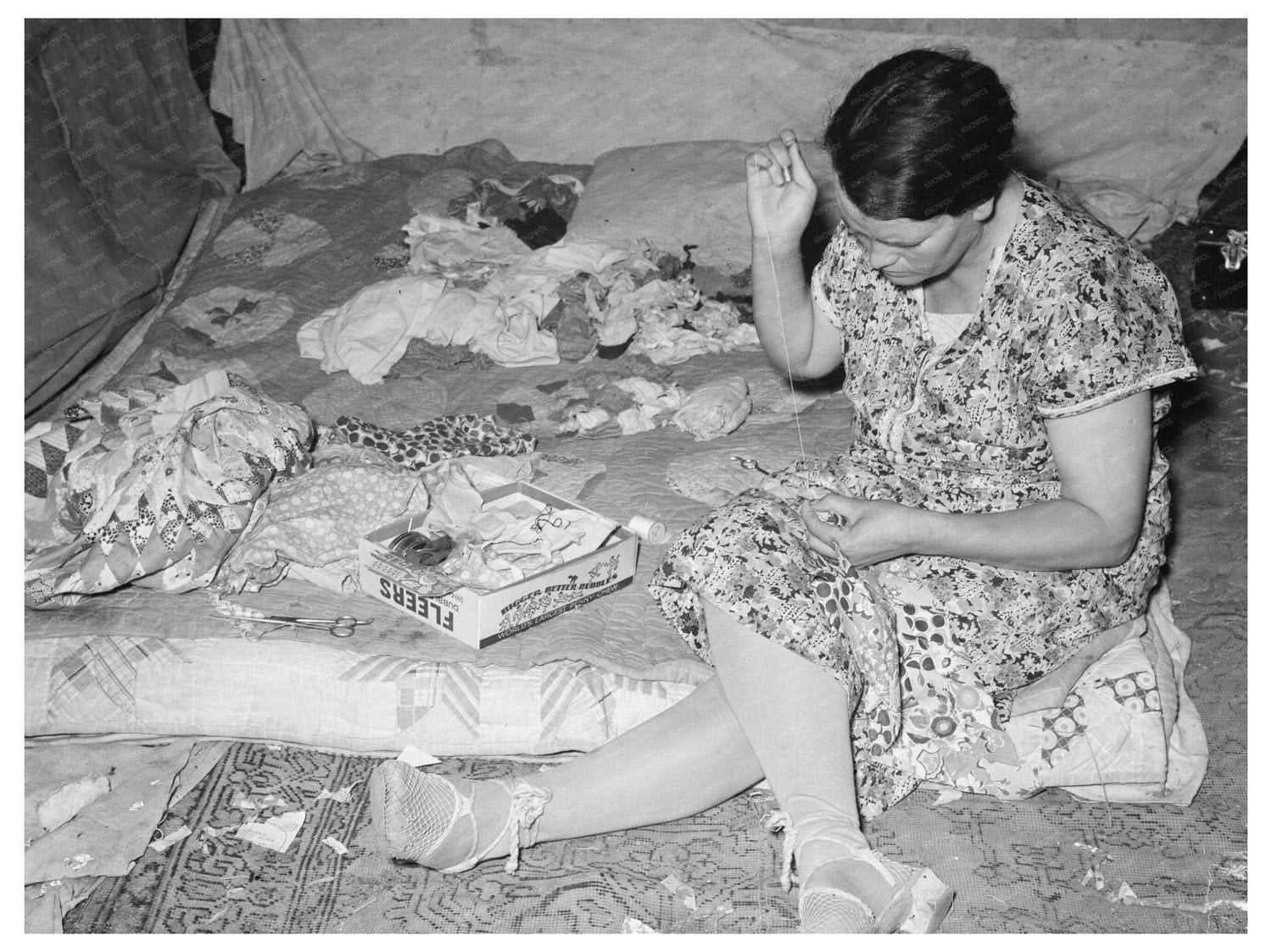 Migrant Mother Piecing Quilt in Harlingen Texas 1939