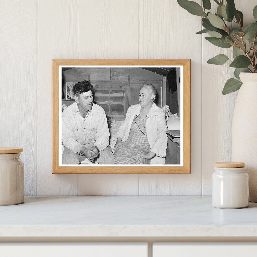 White Migrant Couple Outside Trailer Home Texas 1939