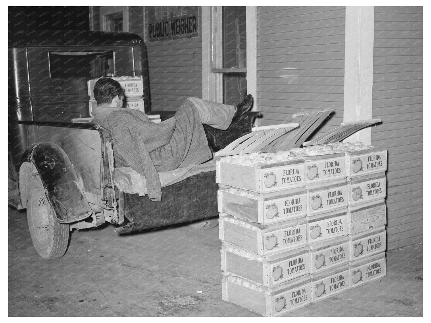 Tomato Peddler Sleeping in Truck San Antonio 1939