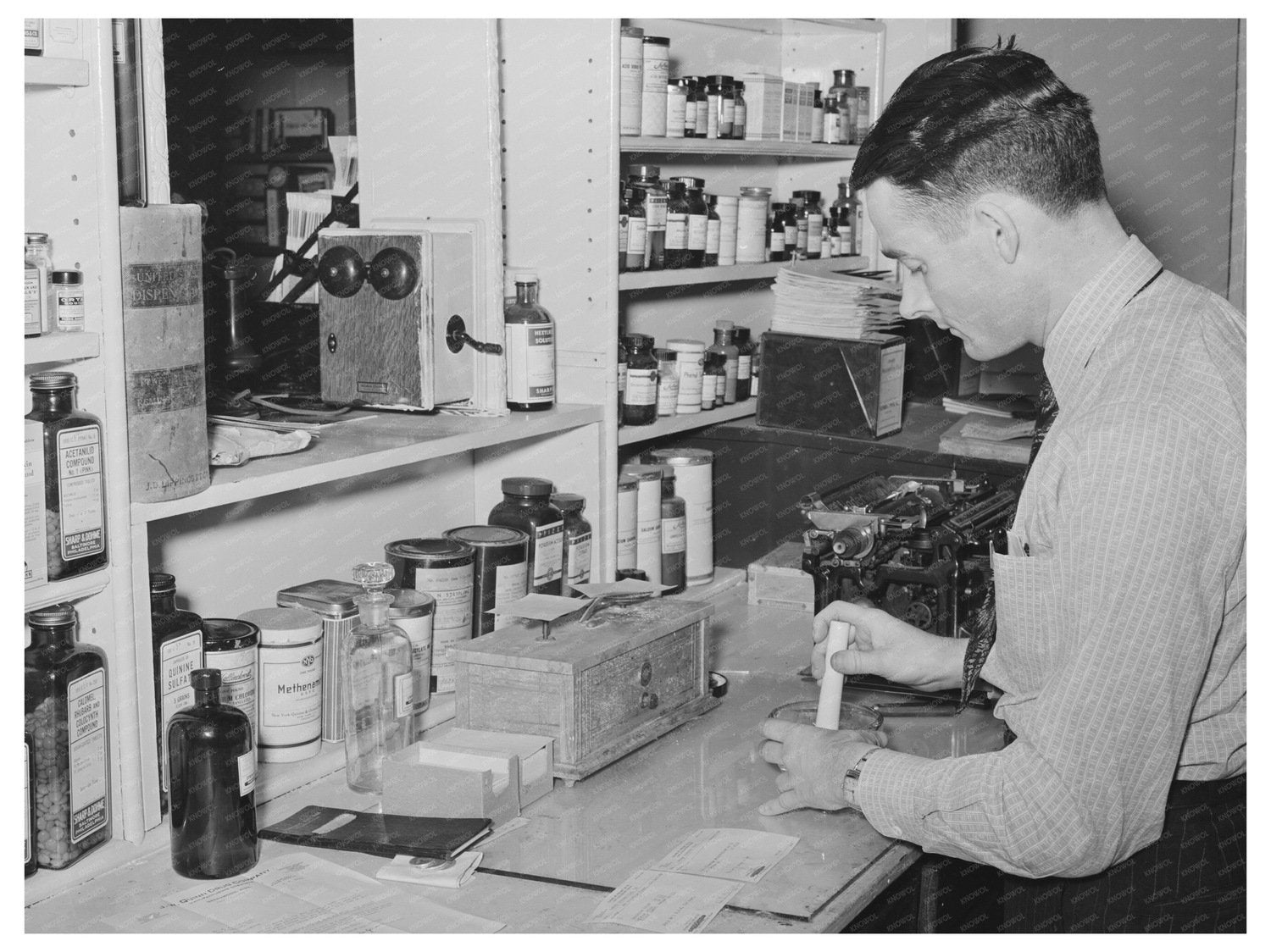 Druggist Preparing Prescription in San Augustine Texas 1939