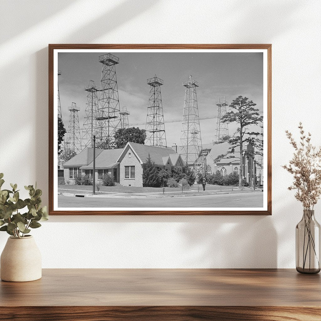 Kilgore Texas Oil Derricks and Church April 1939