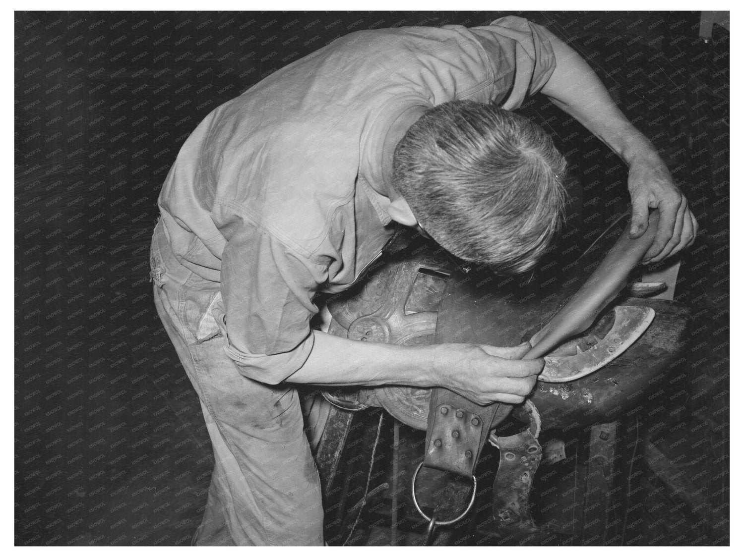 Vintage 1939 Worker Shaping Leather in Saddle Shop