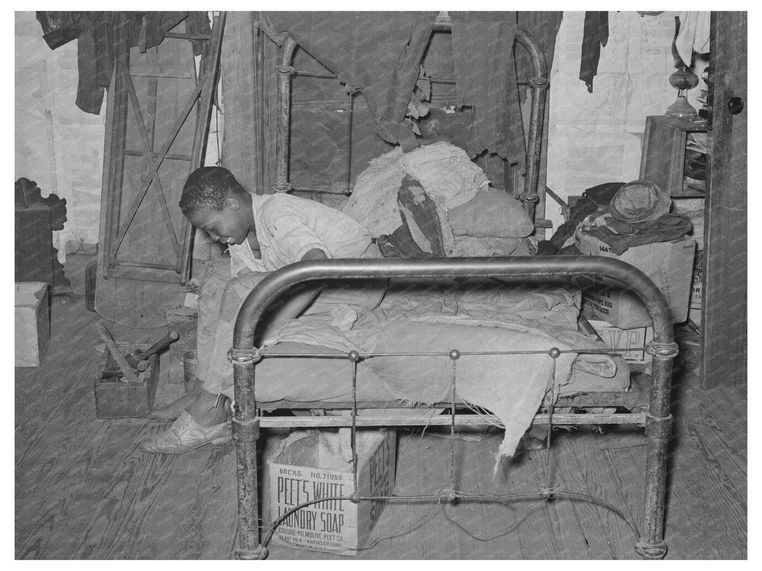 Agricultural Laborer Putting on Shoes Muskogee Oklahoma 1939