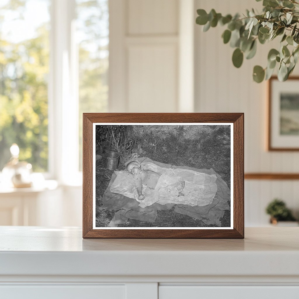 1939 Baby Sleeping on Ground in Oklahoma Labor Camp