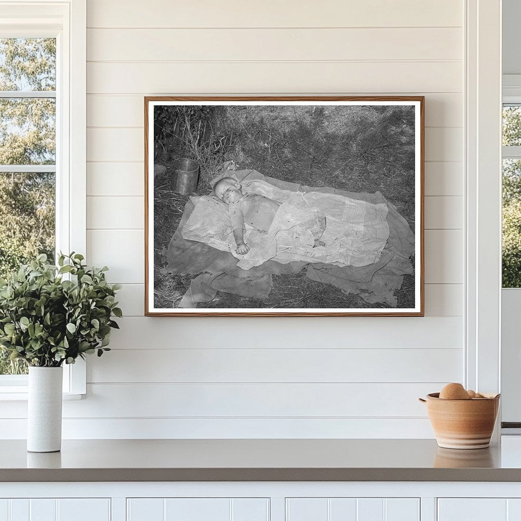 1939 Baby Sleeping on Ground in Oklahoma Labor Camp