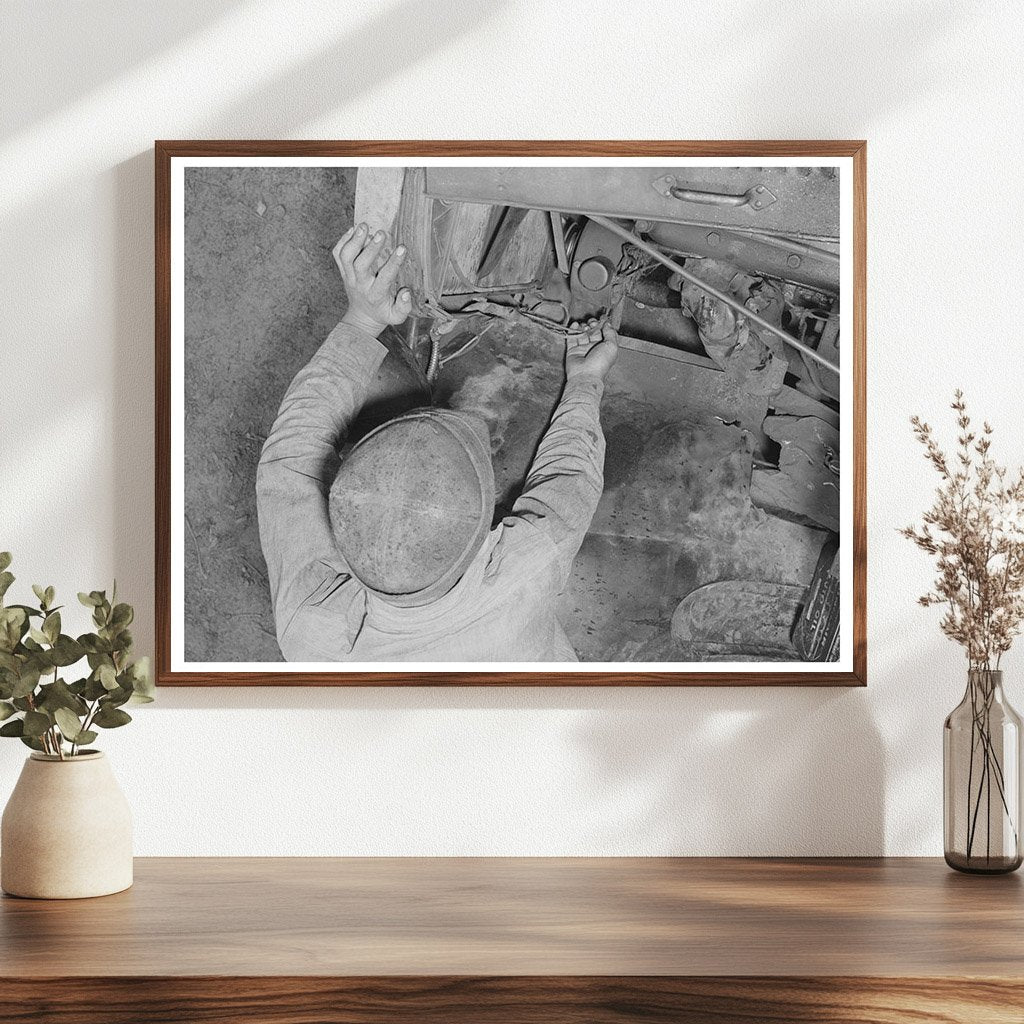 Young Boy Inspects Truck Wires Oklahoma July 1939