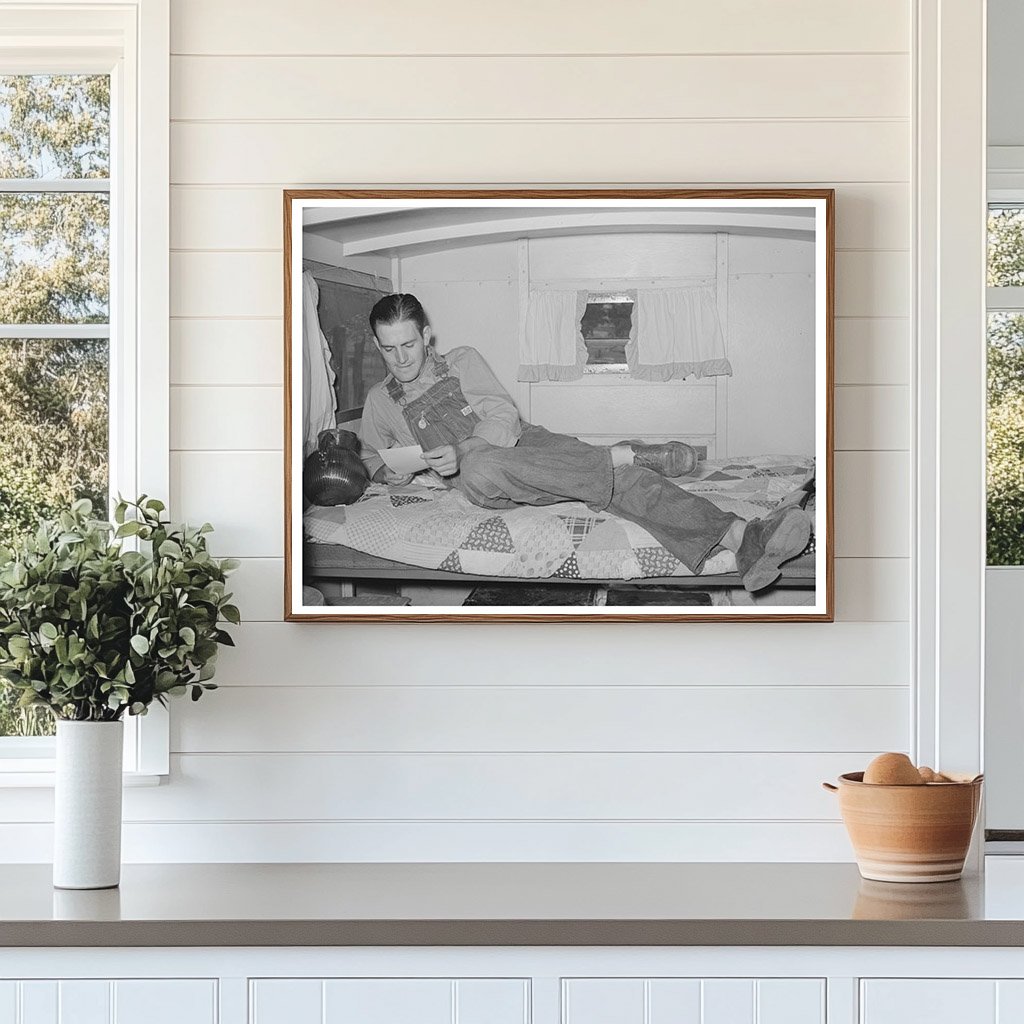 Oil Field Worker Reading Letter in Trailer Home 1939