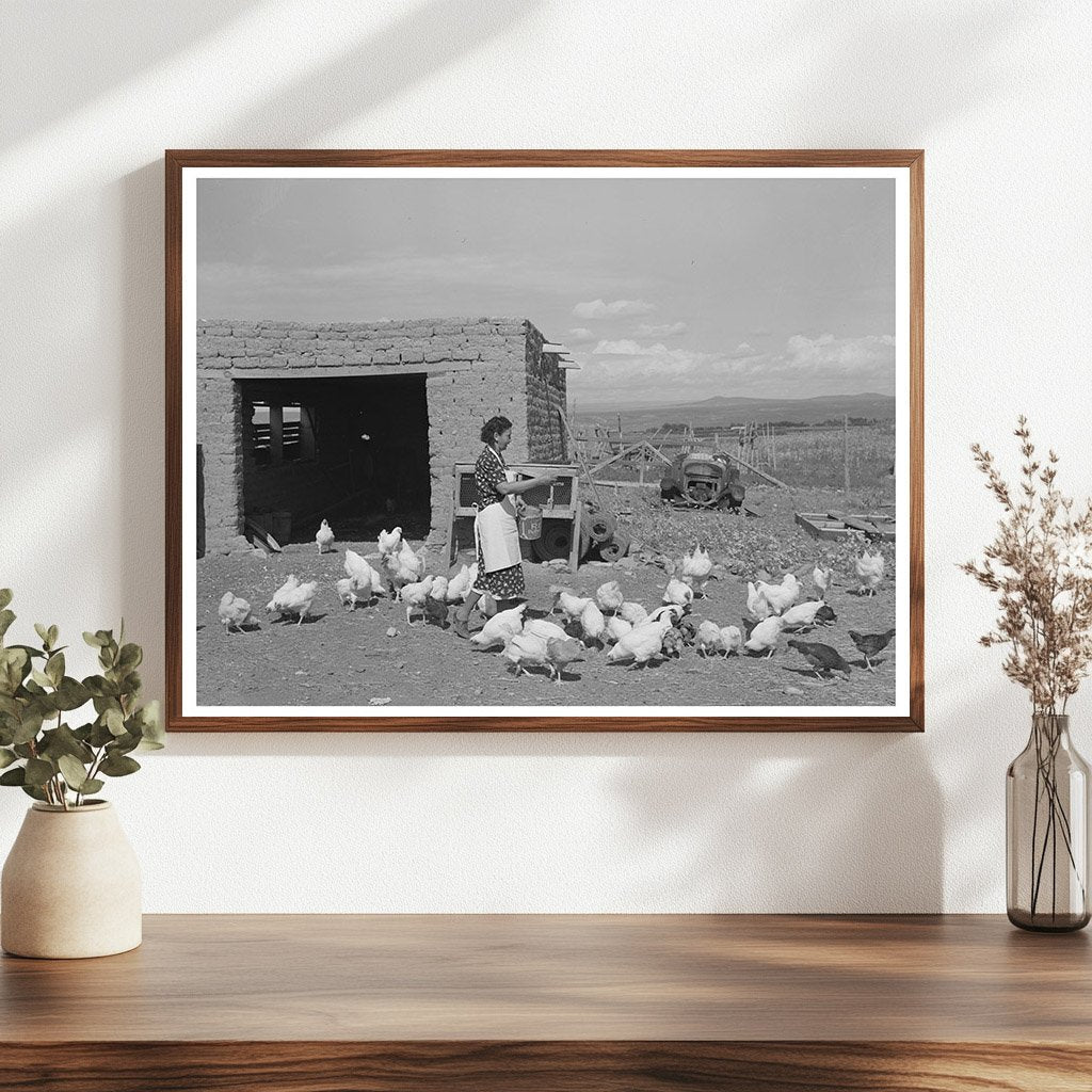 Ofelia Trujillo Feeding Chickens in Taos New Mexico 1939