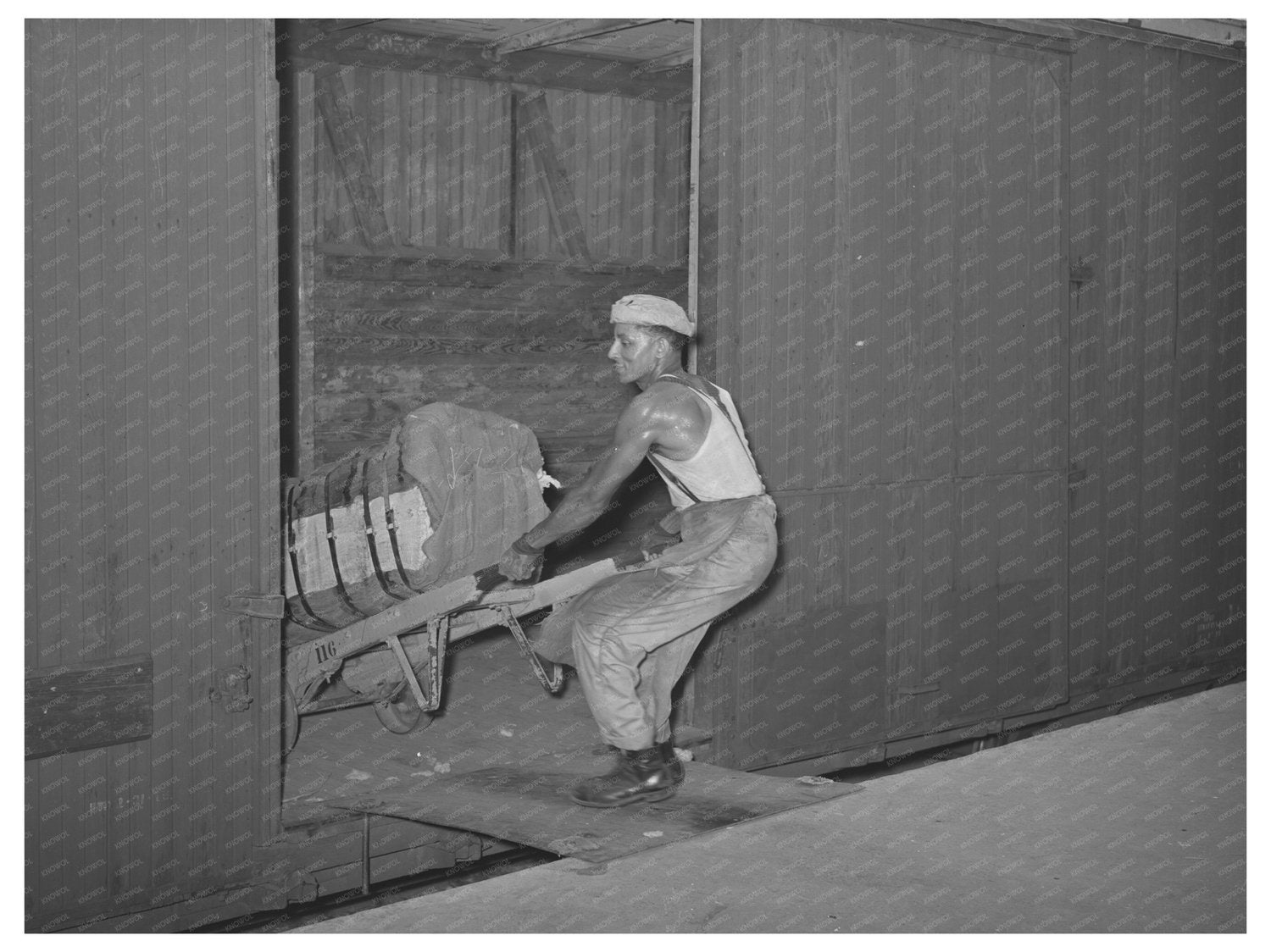 Worker Unloading Cotton Bale from Railroad Car Houston 1939