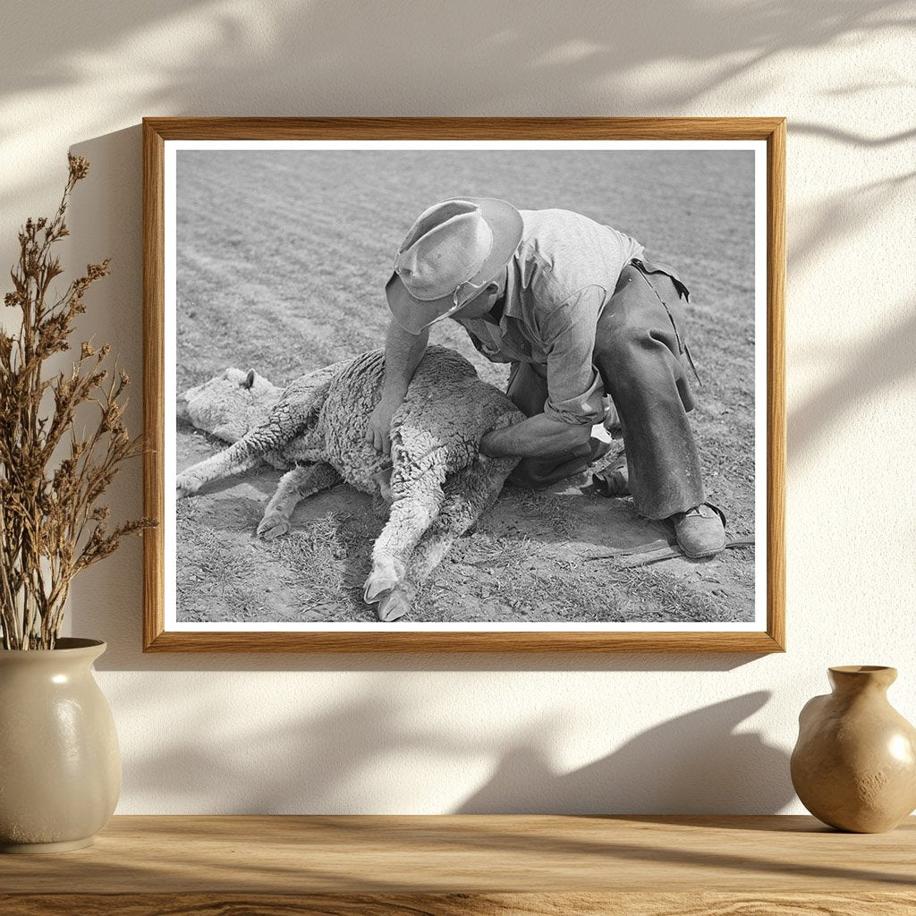 Ranchman Tending Ewe in Junction Texas March 1940