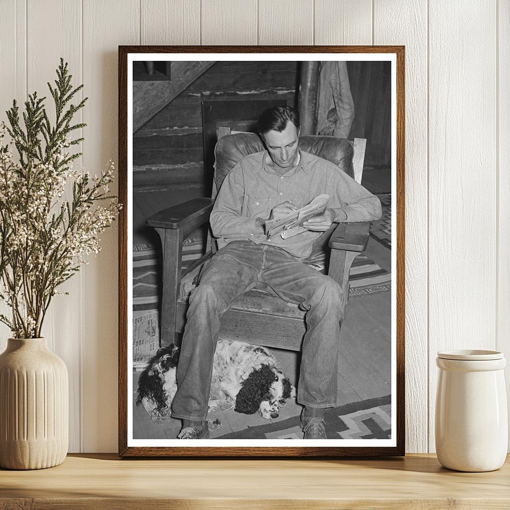 Navajo Lodge Manager and Dog Relaxing with Crossword Puzzle 1940