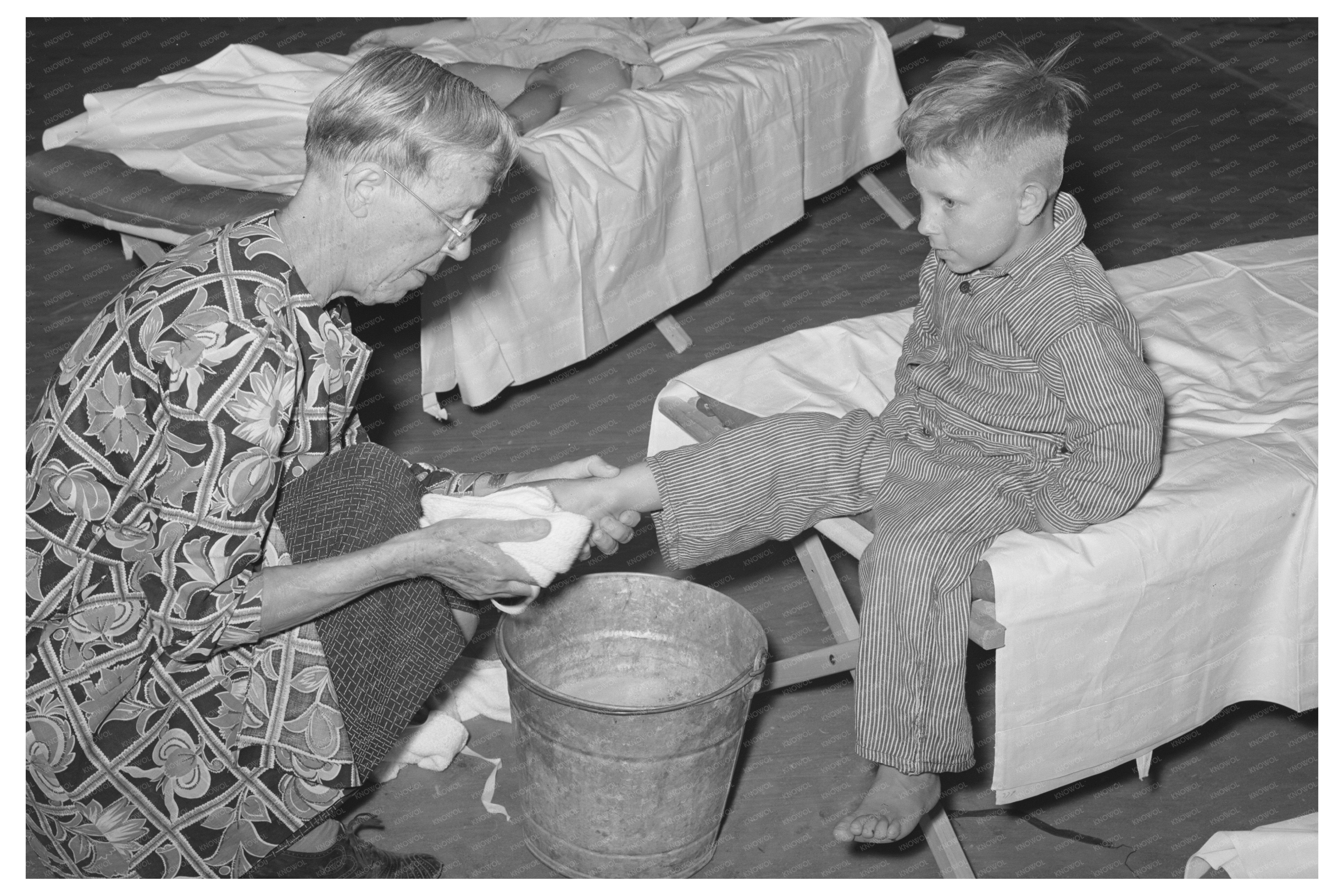 WPA Nursery School Attendant Washing Childrens Feet 1940