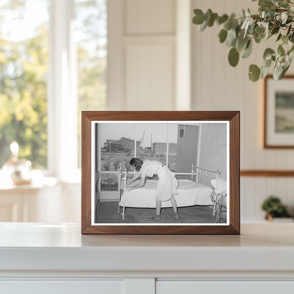 Woman Making Bed on Porch in Casa Grande Valley Farms 1940