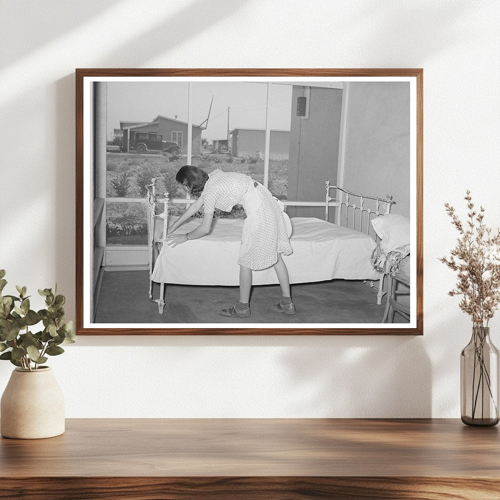Woman Making Bed on Porch in Casa Grande Valley Farms 1940