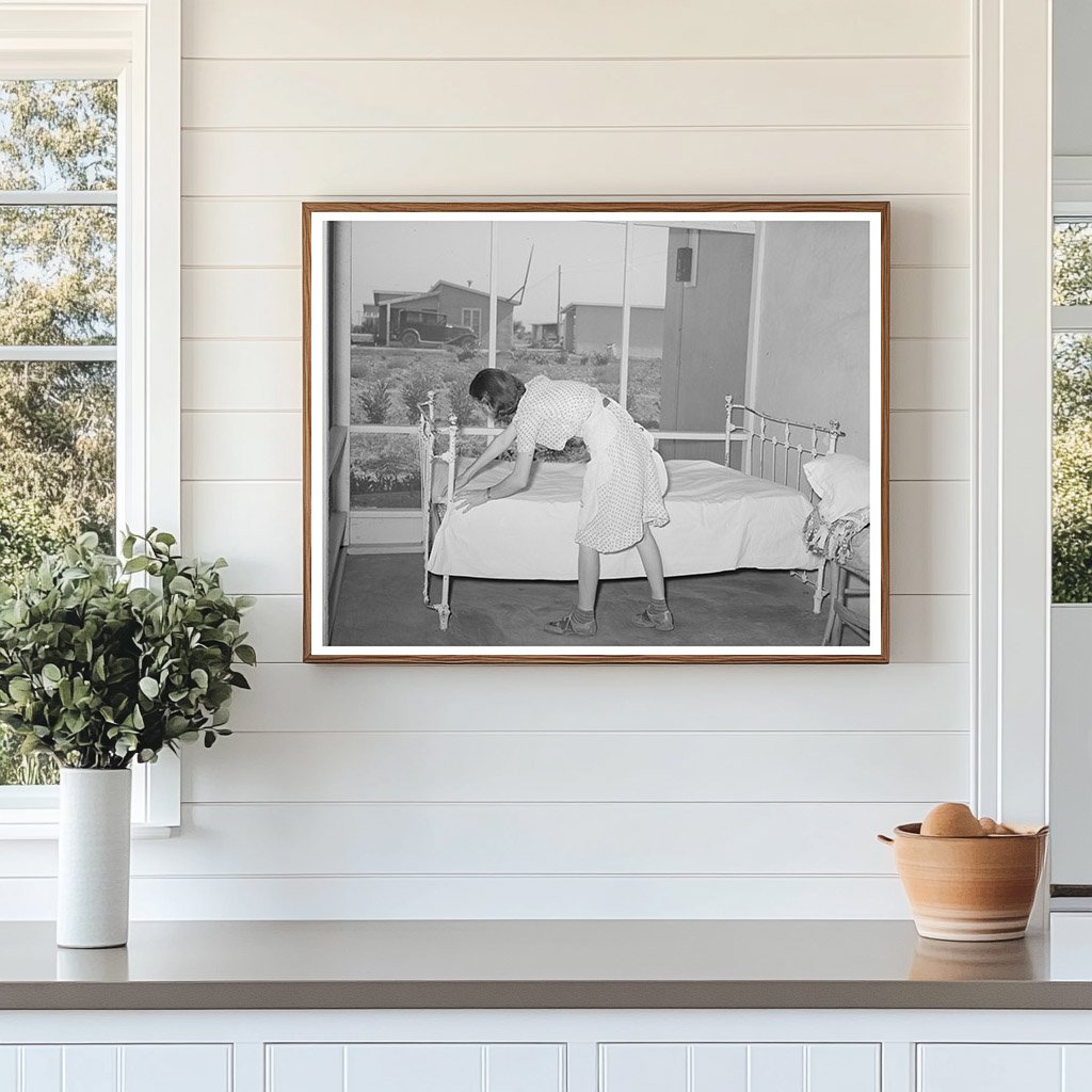 Woman Making Bed on Porch in Casa Grande Valley Farms 1940