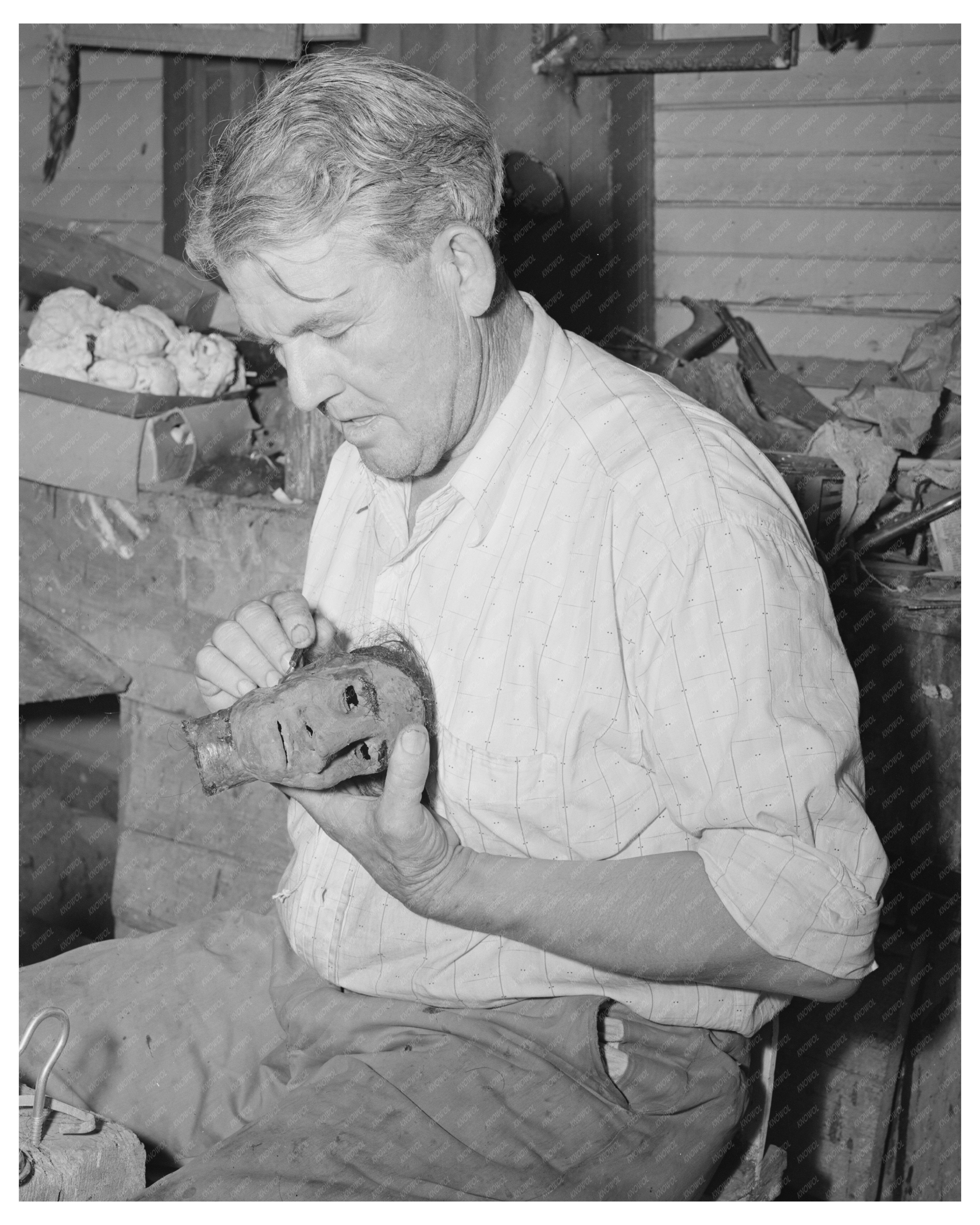 Homer Tate Creating Papier Mache Head Safford 1940