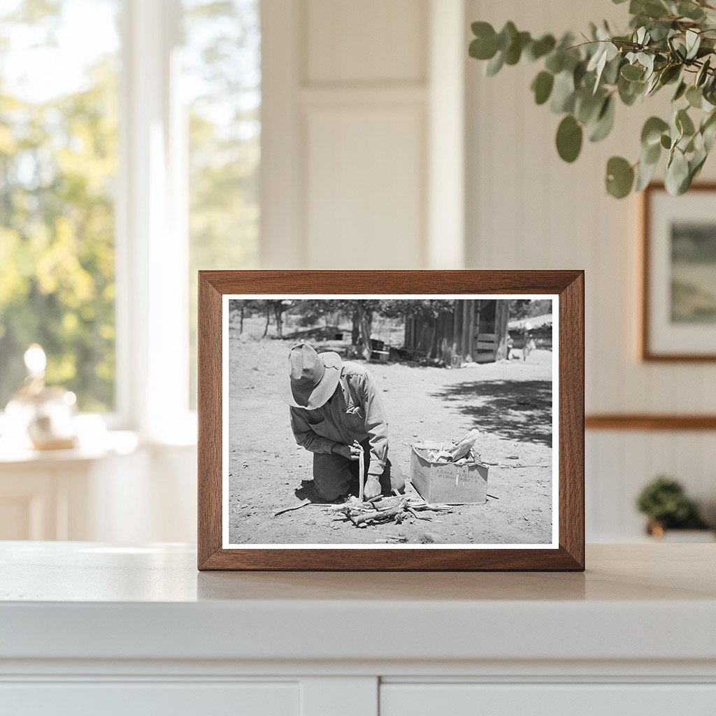 Faro Caudill Preparing Fire in Pie Town New Mexico 1940