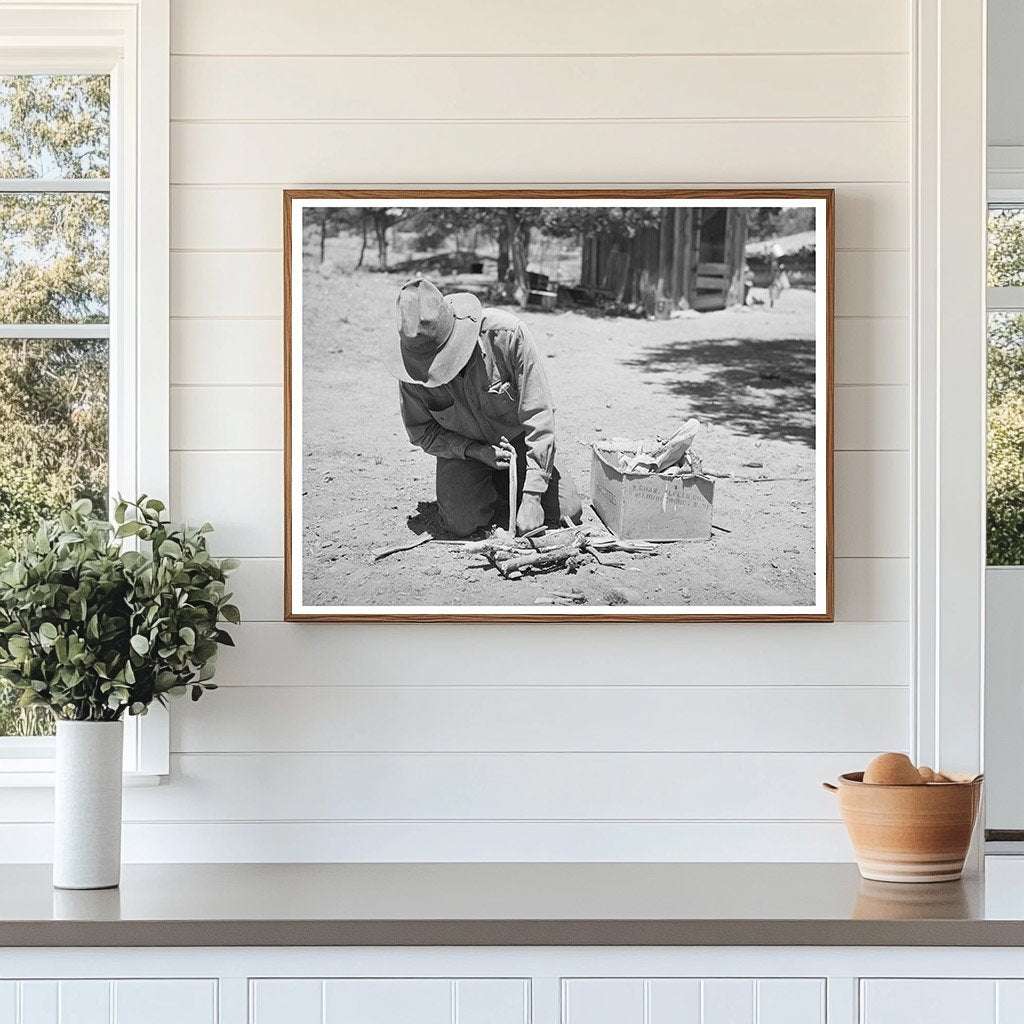 Faro Caudill Preparing Fire in Pie Town New Mexico 1940