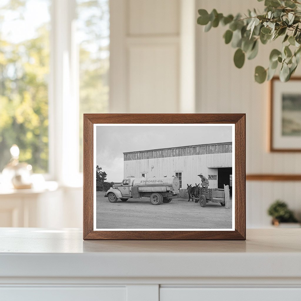 Homesteader with Burro Cart at Filling Station 1940
