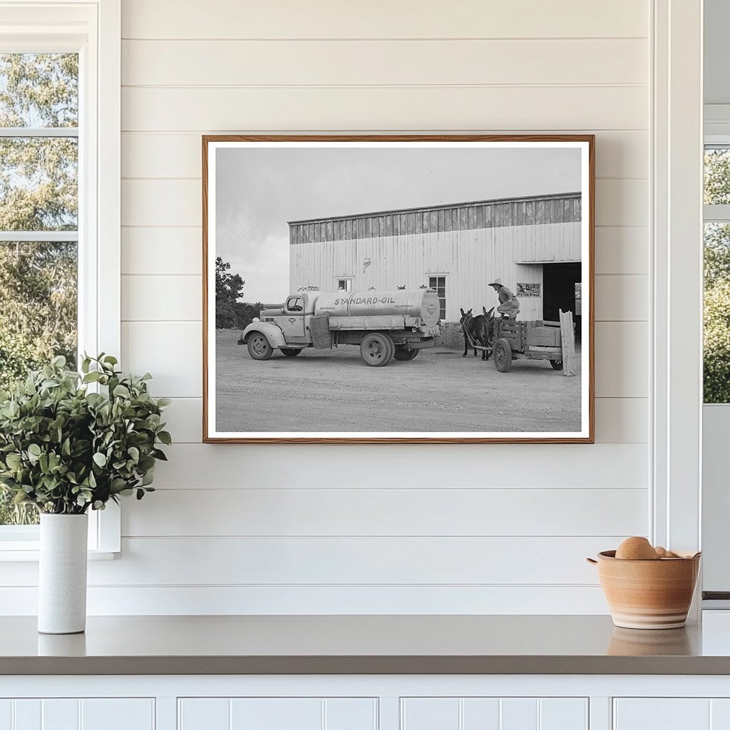 Homesteader with Burro Cart at Filling Station 1940