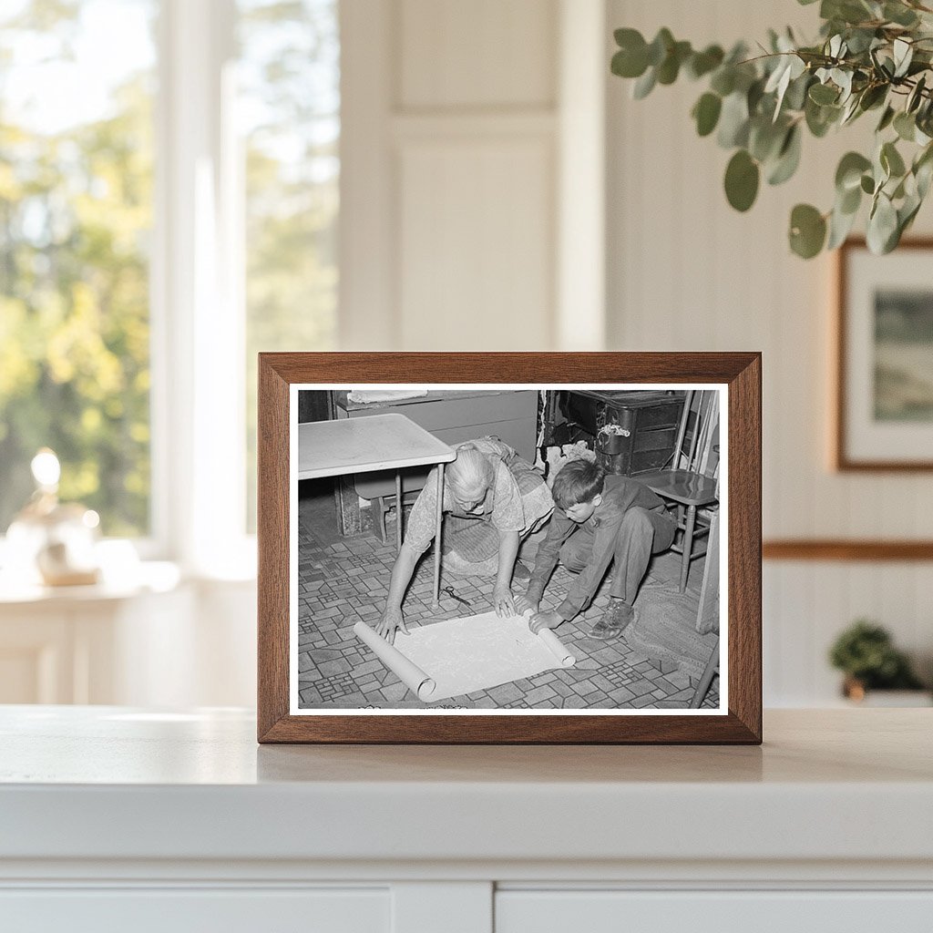 Mrs. Hutton and Grandson Wallpapering Kitchen 1940