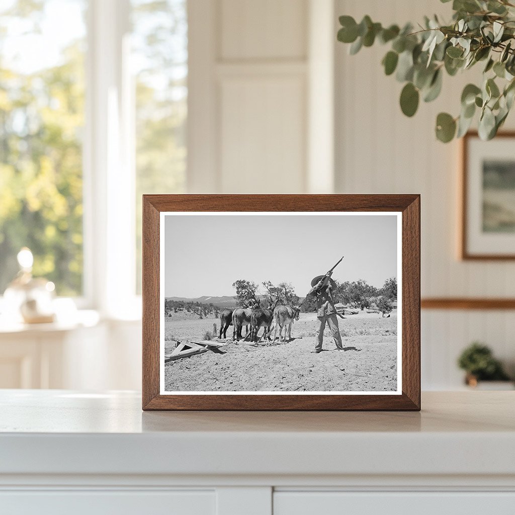 Mr. Leatherman Aiming Rifle at Hawk Pie Town 1940