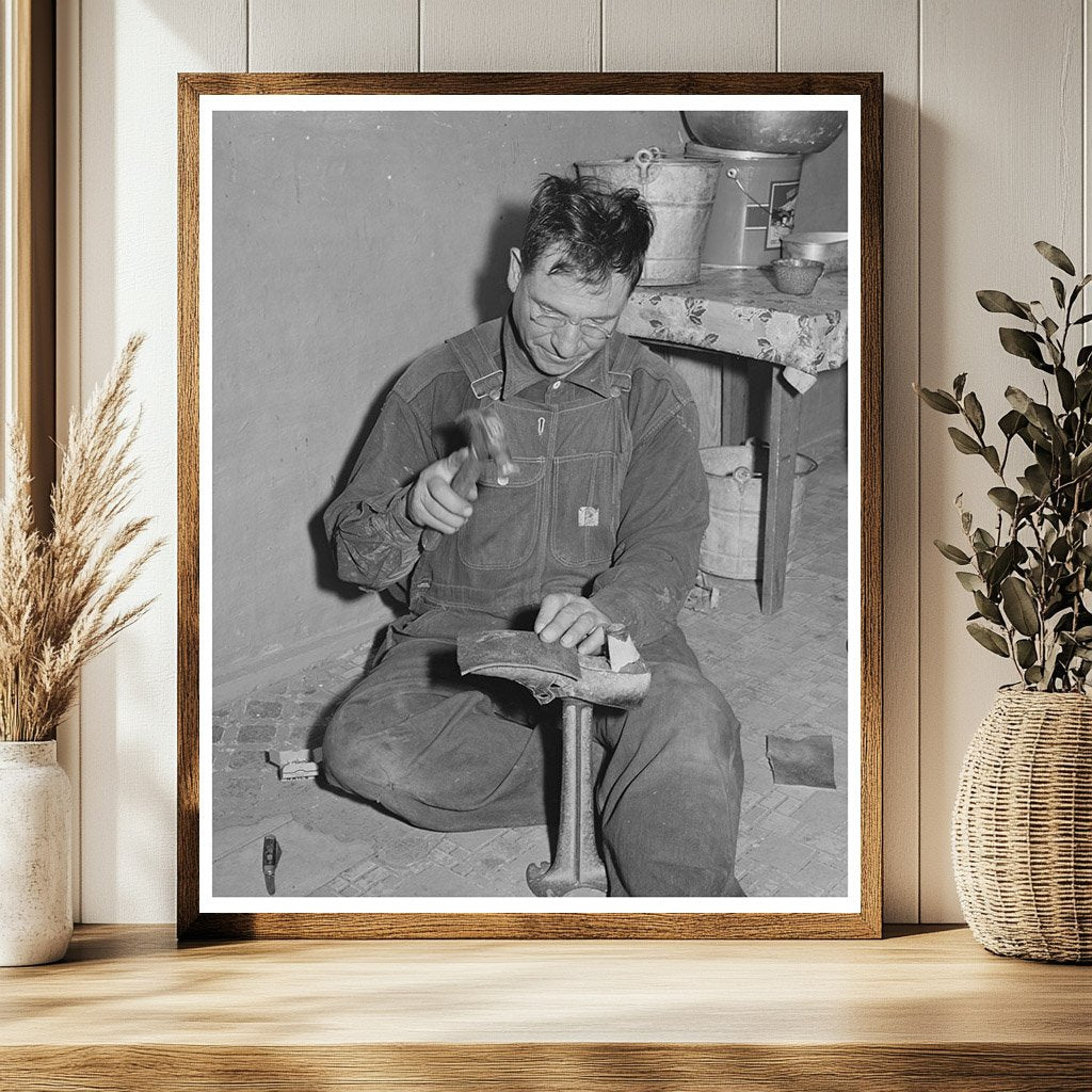 Spanish-American Farmer Repairs Shoes in New Mexico 1940