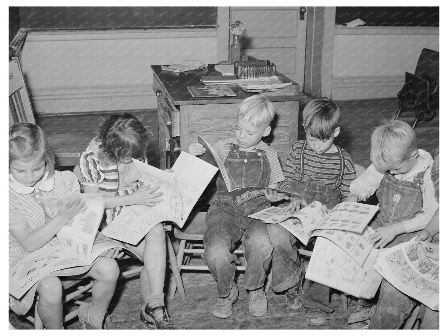 Children Reading Picture Books in Classroom Santa Clara 1940