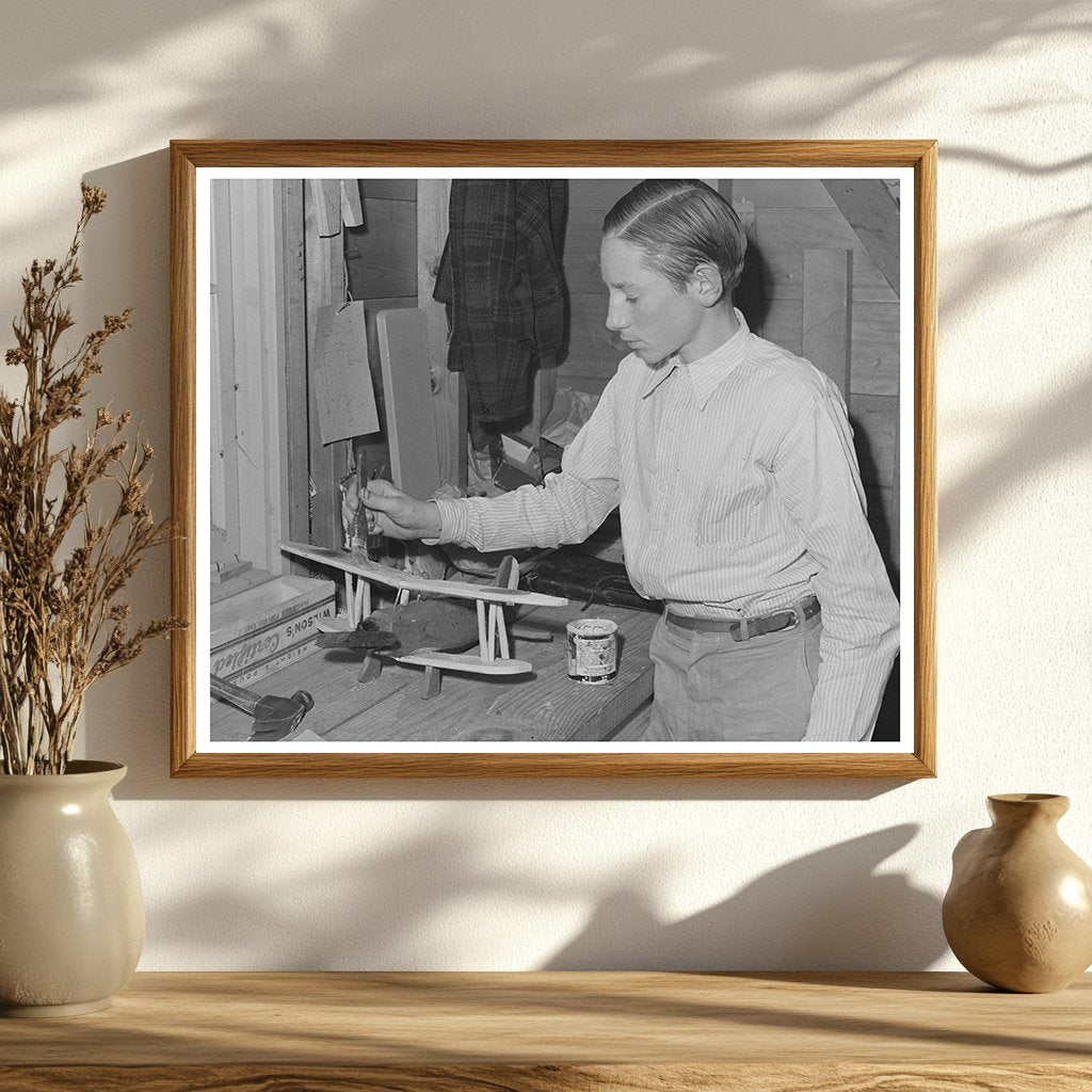 Young Boy Crafting Model Airplane Farm Camp 1942