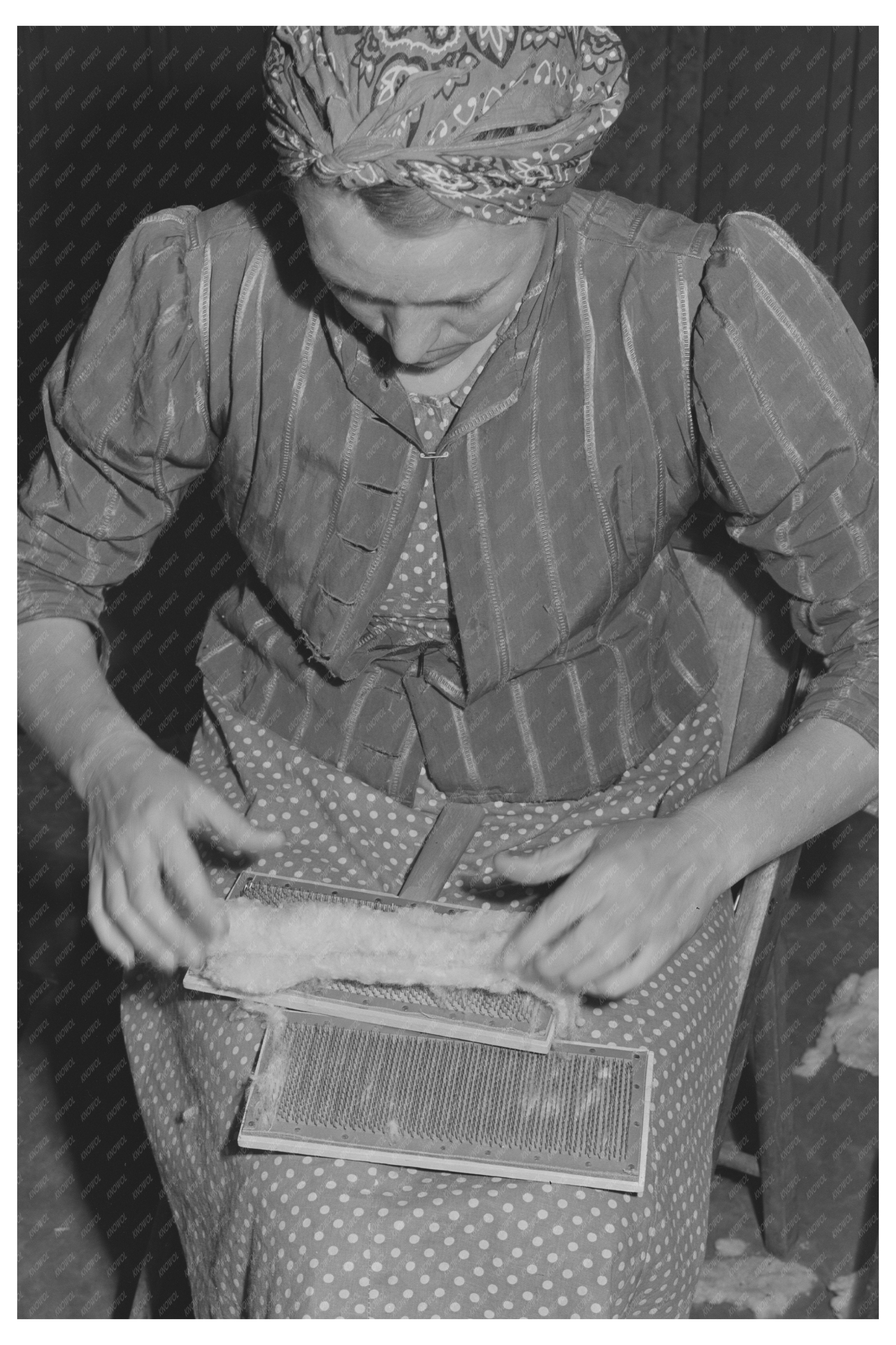 Farm Workers Carding Cotton in Woodville California 1942