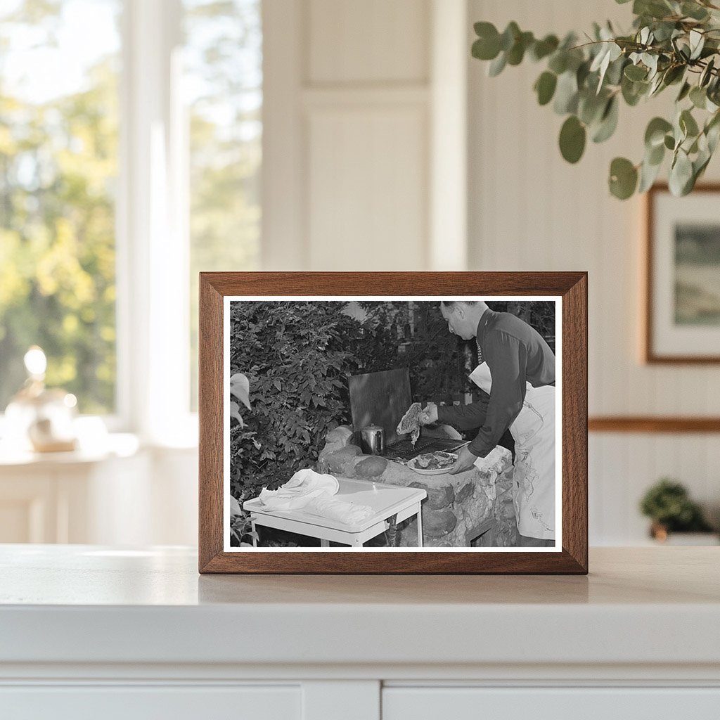 Man Grilling Steaks in Turlock California May 1942