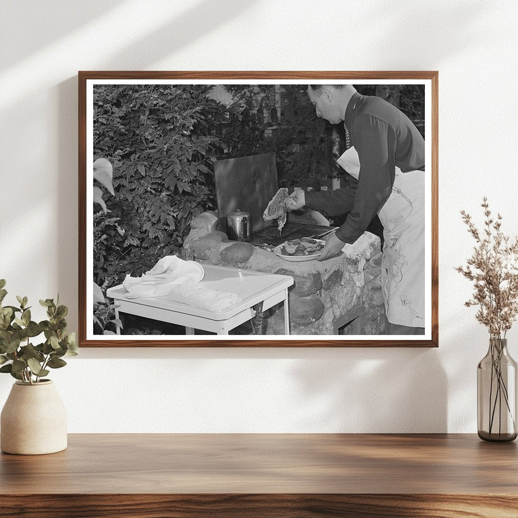 Man Grilling Steaks in Turlock California May 1942