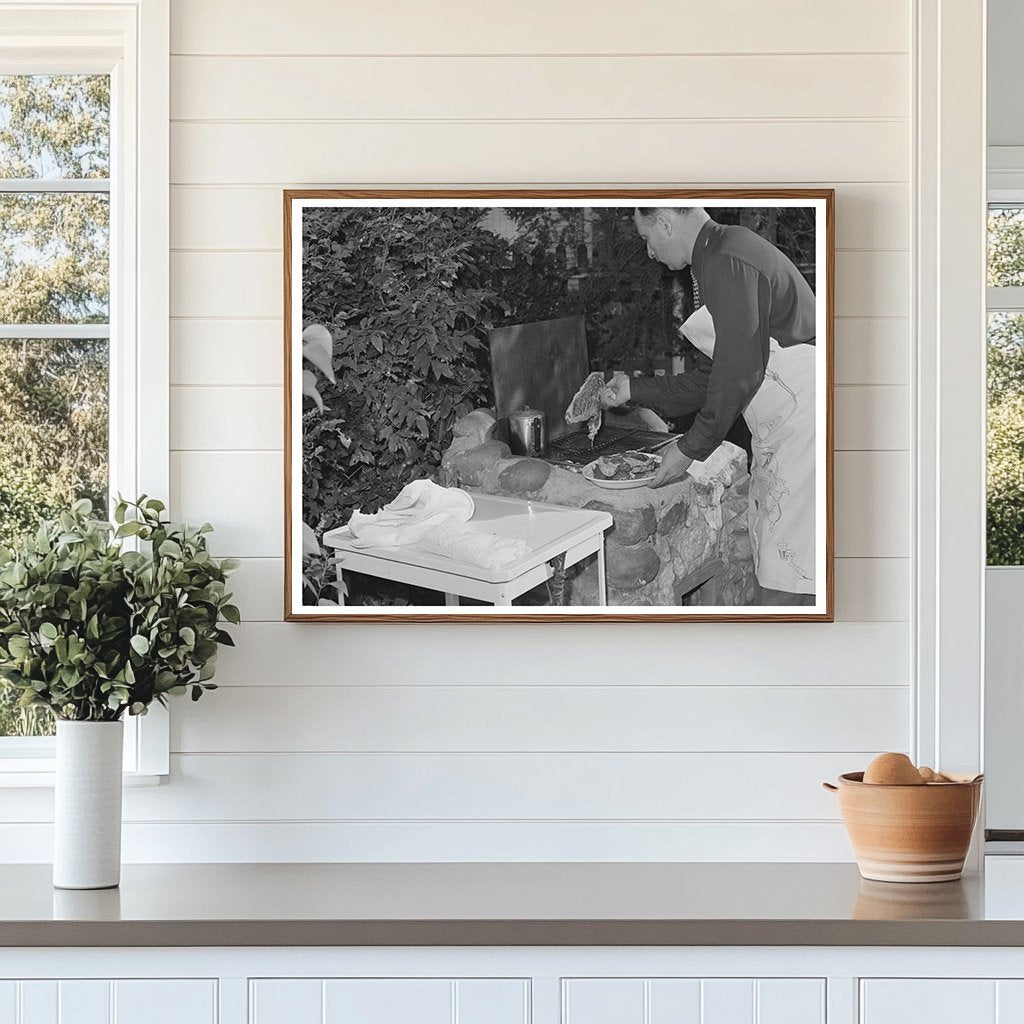 Man Grilling Steaks in Turlock California May 1942