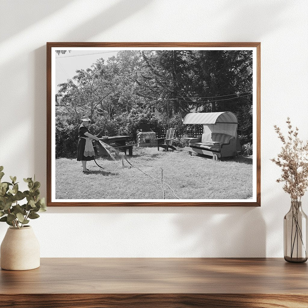 1942 Vintage Photo of Housewife Watering Lawn in Turlock
