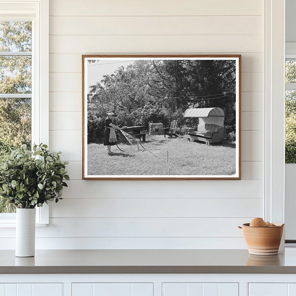 1942 Vintage Photo of Housewife Watering Lawn in Turlock