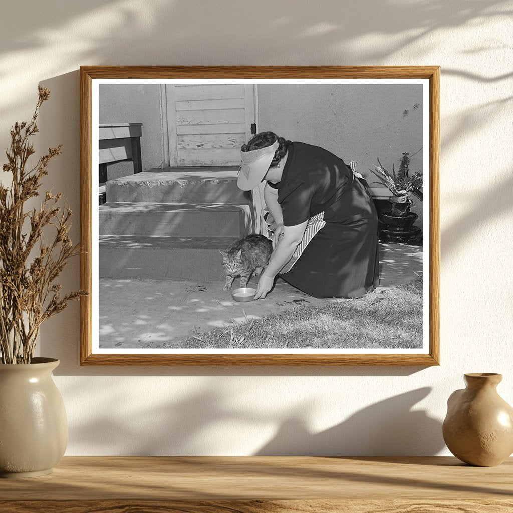 1942 Housewife Feeding Cat in Turlock California