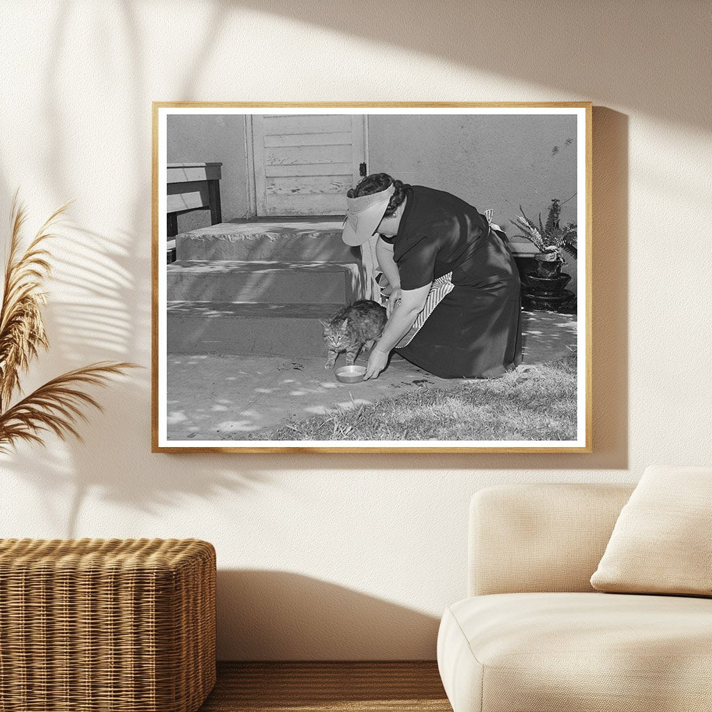 1942 Housewife Feeding Cat in Turlock California